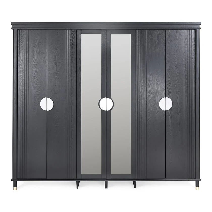 Luxury 6-Door Black Wardrobe with Mirror Panels